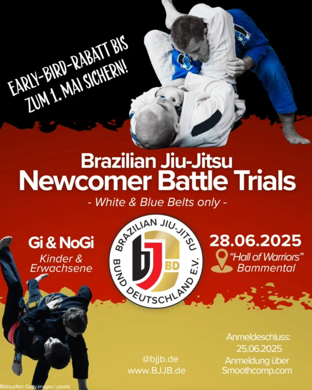 🔥 Newcomer Battle Trials 🔥

White und Blue Belts können am 28. Juni bei den Newcomer Battle Trials in Gi und NoGi ihr Können beweisen 😍
Das ist sowohl für Kids als auch Erwachsene 💪🏽

➡️ Anmeldung erfolgt über Smoothcomp, den Link findet ihr wie immer in unserer Bio 
Dort findet ihr auch die Ausschreibung und alle Infos 🙌🏼
Anmeldeschluss ist der 25. Juni!

Sichert euch bis zum 1. Mai noch den Early-Bird-Rabatt 😍

Außerdem: BJJBD-Mitglieder mit aktueller Jahrssichtmarke erhalten obendrauf nochmal Rabatt 💪🏽
Noch kein BJJBD-Mitglied? Kein Problem! Jetzt noch auf www.bjjb.de anmelden und den Rabatt für dieses und alle weiteren Wettkämpfe sichern 🙌🏼

#BJJ #BJJBD #BrazilianJiuJitsu #Gi #NoGi #MaterialArts #Kampfsport #Wettkampf #Turnier #Blackbelt #JiuJitsu #BJJLifestyle #BJJLife #BJJCommunity #MatLife #Fitness #Grappling #IBJJF #JiuJitsuLifestyle #SubmissionWrestling #Rolling #BJJTraining #fyp